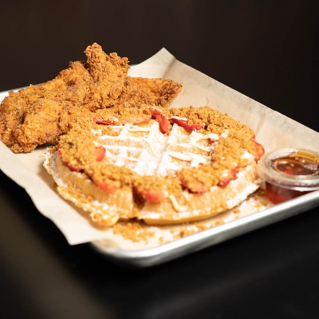 Strawberry Shortcake Waffle W\ 2 Handbreaded Chicken Tenders.