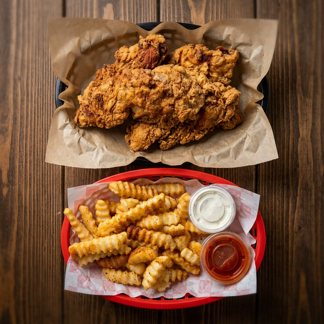 2 Hand-Breaded Tenders w/Fries + Canned Drink.