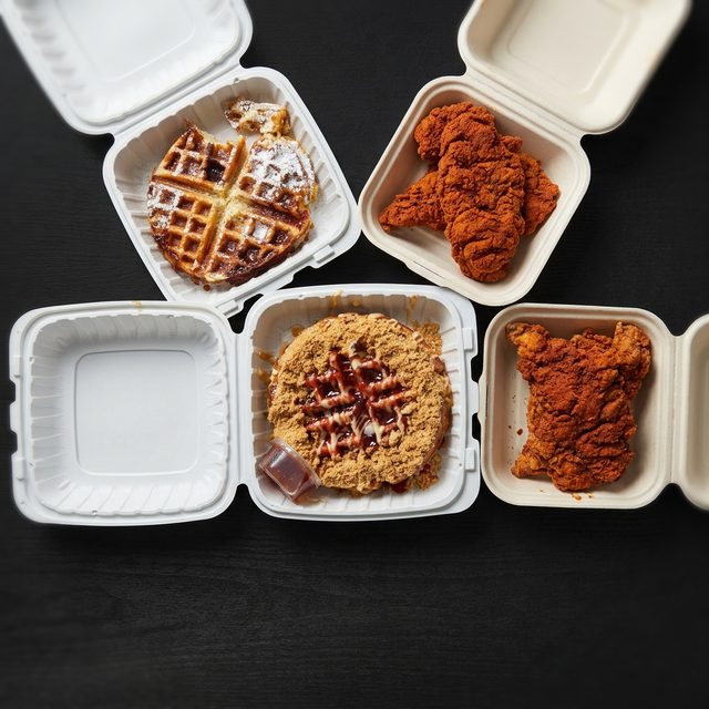 PB & J Waffle w/ 2 Hand-Breaded Halal Tenders.